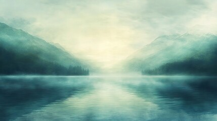 Fototapeta premium Serene Mist Over Lake with Soft Reflections in Peaceful Setting