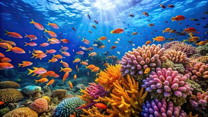 Naklejka premium Colorful coral formations in the ocean with schools of small fish darting through the waves, coral reef, tropical fish, oceanic scene, coral formation, underwater world