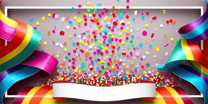 Colorful confetti bursts out from within a framed border adorned with a flowing layered rainbow ribbon, frame, confetti