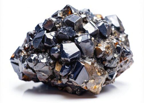 Isolated magnetite crystal showcases deep depth of field, highlighting its geological structure against a pristine white backdrop.