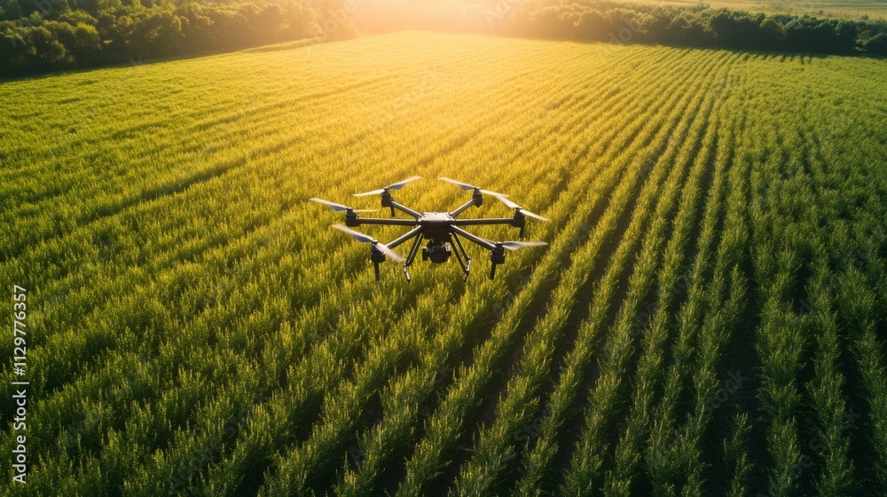 Poster a drone flies over a lush green field at sunset, demonstrating advanced agricultural practices. this