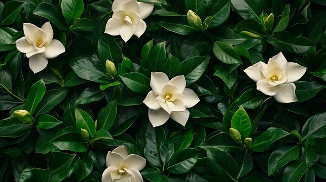 Fototapeta a close up of dark glossy and vibrant green gardenia white flowers and leaves background