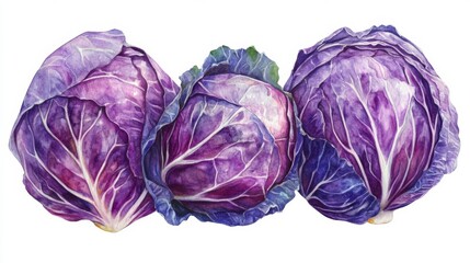 Fototapeta premium Intricate watercolor red cabbage, rich purple hues vibrant detail