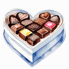 Hand drawn watercolor painting of a heart shaped box of chocolate candies. Vector illustration isolated on a white background. Perfect for Valentine's day design.