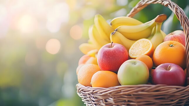 A wicker basket holds a colorful assortment of fresh fruit - Powered by Adobe