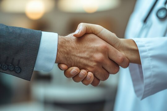 Healthcare Collaboration Between Businessman and Doctor in Medical Facility Shaking Hands