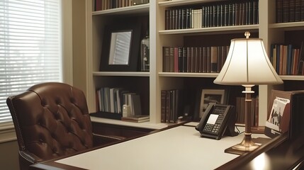 Home office interior with leather chair, desk, bookshelves, lamp, and telephone.