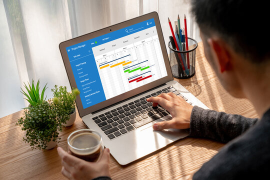 Project planning software for modish business project management on the computer screen showing timeline chart of the team project