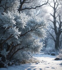 Dense frozen foliage with icy crystals covering trees and branches, snow-covered trees, rime