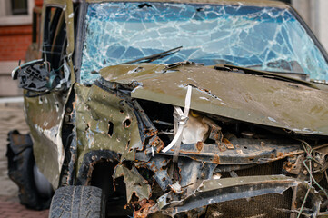 A car donated by Latvia that suffered in the Ukrainian war, close up of the details