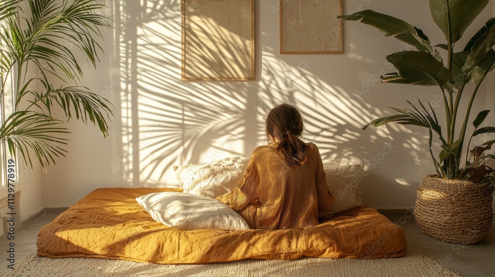 Poster a woman peacefully relaxes on a cozy bed, surrounded by soft pillows. sunlight filters through the w