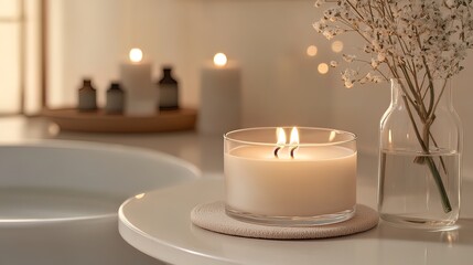 Lit candle on table near bathtub, flowers, and essential oils in softly lit bathroom.