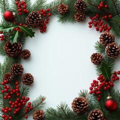 Festive Christmas border design. Pine branches, pine cones, red berries, holly, festive decorations create rustic holiday frame against white background. Minimalist arrangement of natural elements