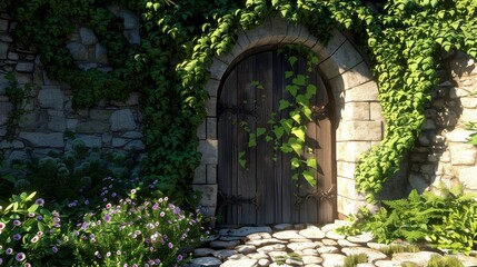 Naklejka premium Ancient Wooden Doorway Hidden By Lush Greenery