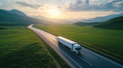 White Semi-Truck Driving on a Highway with Mountains in the Background