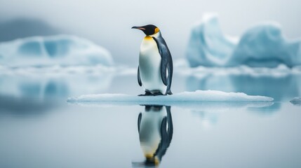 Fototapeta premium A Serene king penguin on ice floe, antarctic landscape