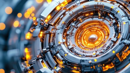 Obraz premium Futuristic circular design with glowing orange accents, showcasing intricate mechanical details and a high-tech aesthetic.