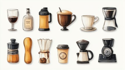 Cozy autumn cafe stickers coffee tea cups teapot oranges leaves branches plants design illustration sticker collection vintage cafe element autumn