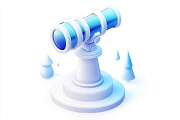 blue and white 3d icon of a telescope on a pedestal