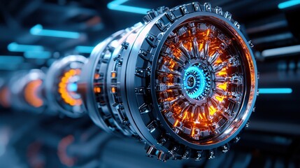 Futuristic engine design with glowing elements, showcasing advanced technology and intricate mechanical details in a sleek environment.