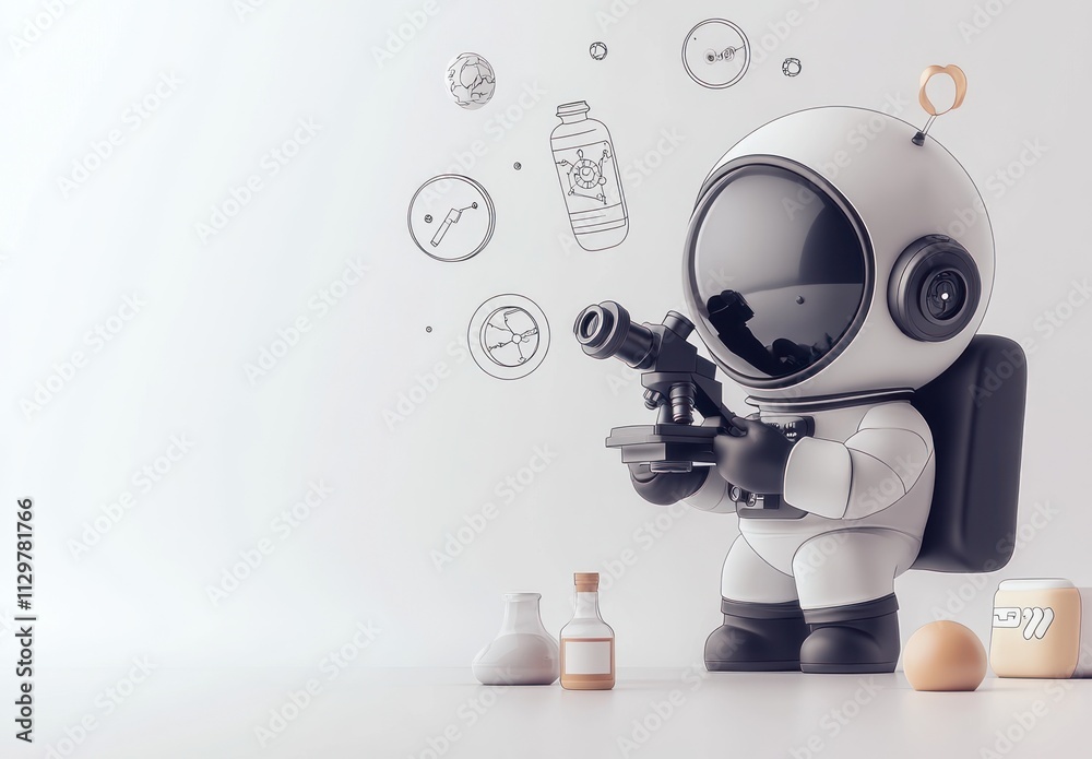 Poster Cute astronaut exploring space science with microscope.