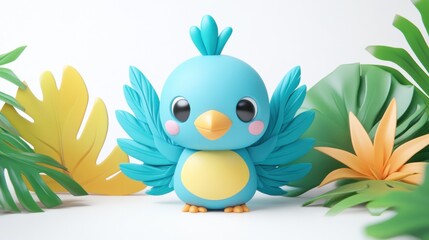 Cute cartoon bird amidst tropical leaves.
