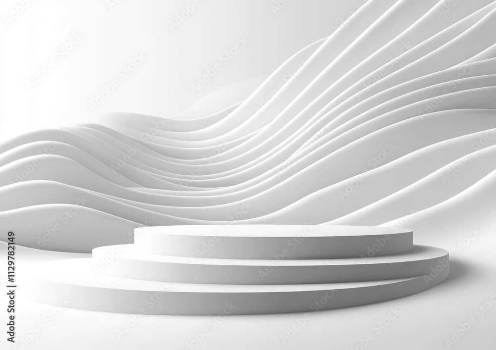 Poster Abstract white 3D rendering of layered wavy background with circular platform.