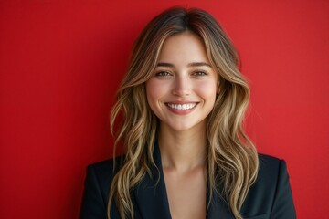 Fototapeta premium Confident young woman in business attire, smiling warmly against a bold red background. Ideal for themes of leadership, professionalism, and career success