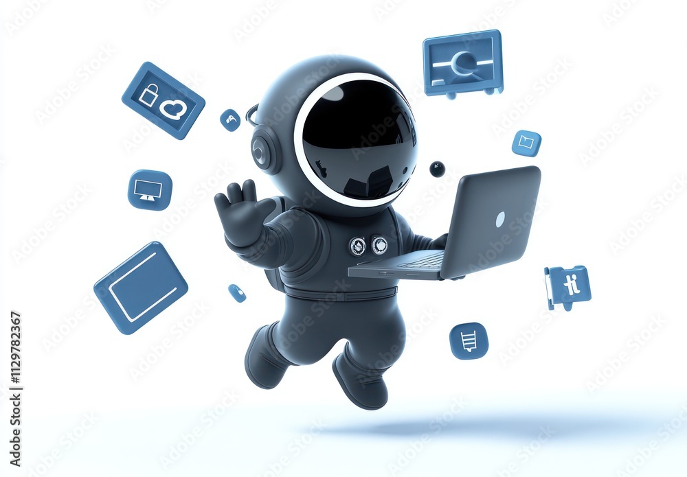 Poster cute astronaut floating in space working on laptop.