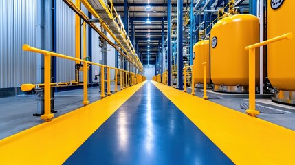 Naklejka premium A vibrant industrial corridor featuring yellow tanks and blue flooring, showcasing modern manufacturing and engineering design.