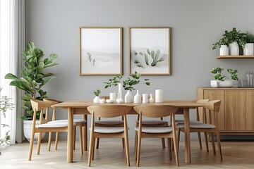 Fototapeta premium Modern Dining Room with Wooden Furniture, Minimalist Decor and Indoor Plants. Featuring a Wooden Dining Table, Chairs and Potted Plants Creating a Serene, Stylish Atmosphere.