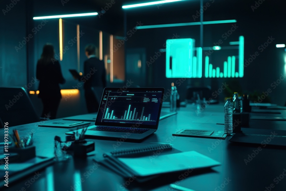 Poster laptop with data charts on a conference table in a modern office at night.