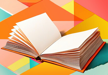 Naklejka premium Open Book on Colorful Background, book, open book, reading, literature, education, learning, knowledge, paper, pages, colorful, vibrant, orange, pink, yellow, blue, geometric, abstract