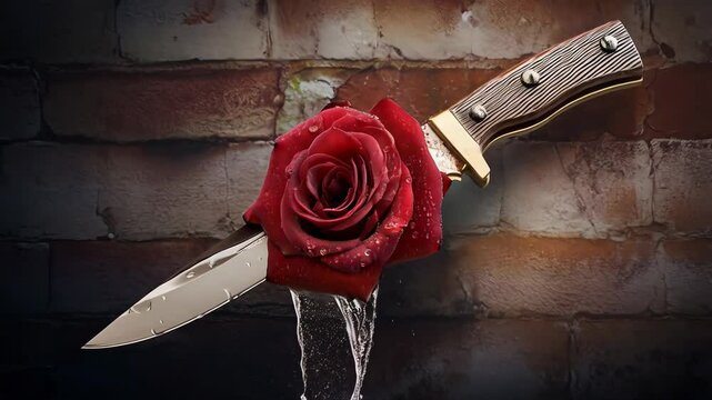 Switchblade knife is cutting a red rose in two, with water splashing against a brick wall. This image evokes themes of love, betrayal, and danger and violence