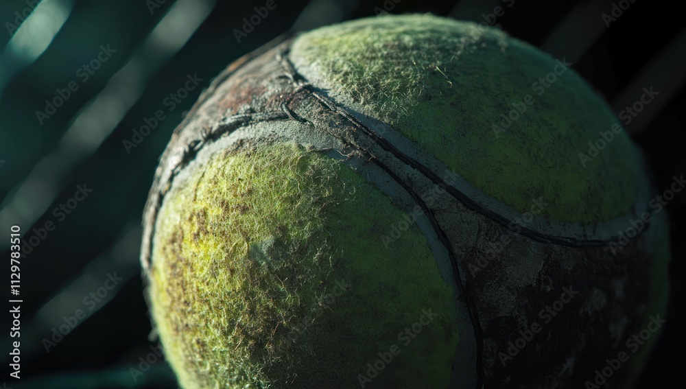 Poster close-up of a worn, dirty tennis ball with visible seams and fuzz, resting on a dark surface.