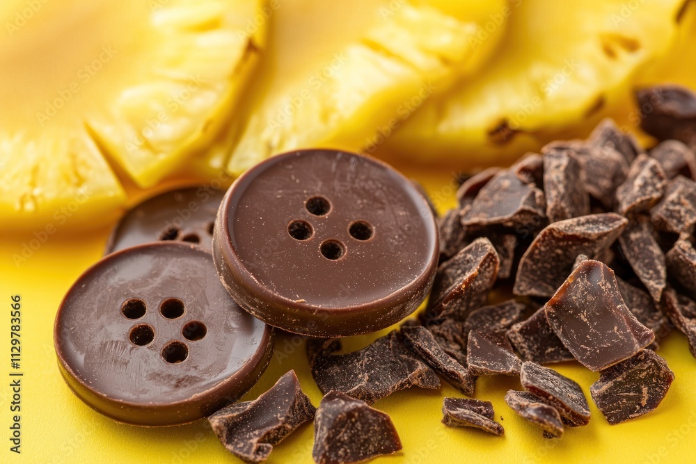 Poster chocolate buttons and pineapple slices on yellow background.