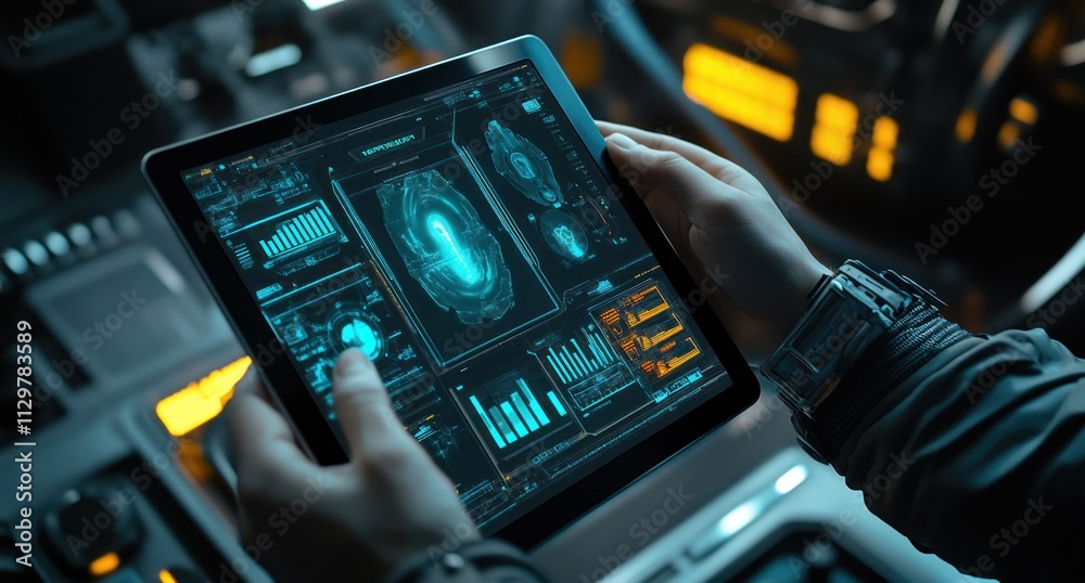 Aufkleber Hands using futuristic tablet with holographic interface.