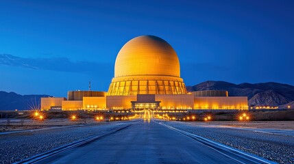 Obraz premium A large illuminated dome structure at dusk, surrounded by mountains, showcasing modern architecture and energy development.