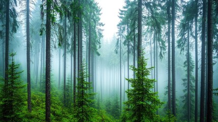 Obraz premium Misty forest landscape with lush greenery and tall, majestic trees.