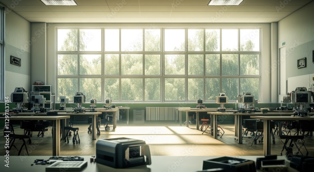 Aufkleber sunlit classroom with robotic equipment and large windows.