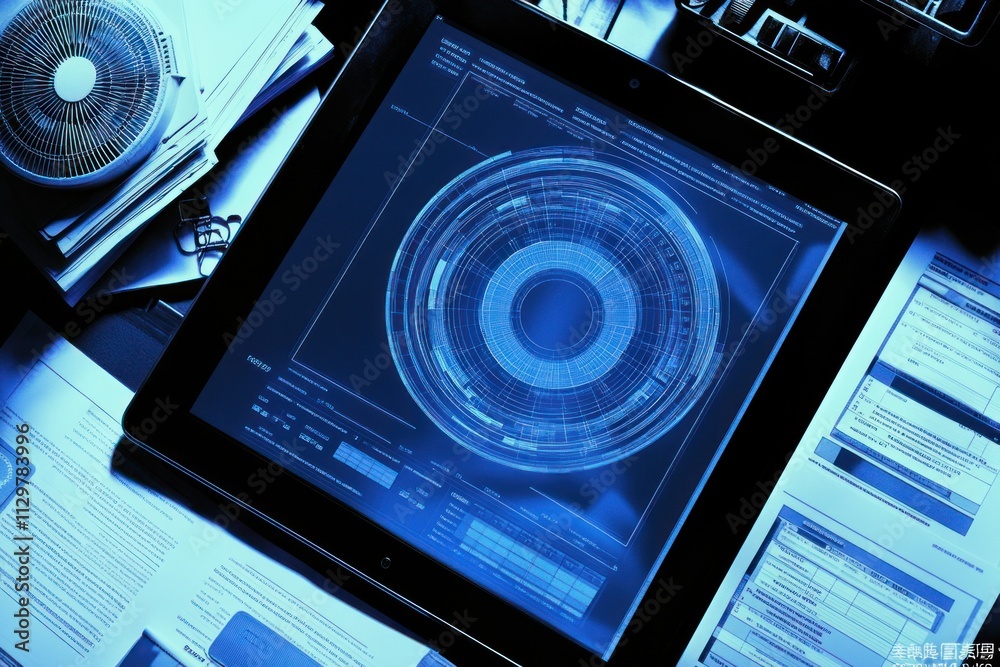 Poster Tablet displaying futuristic interface on documents.