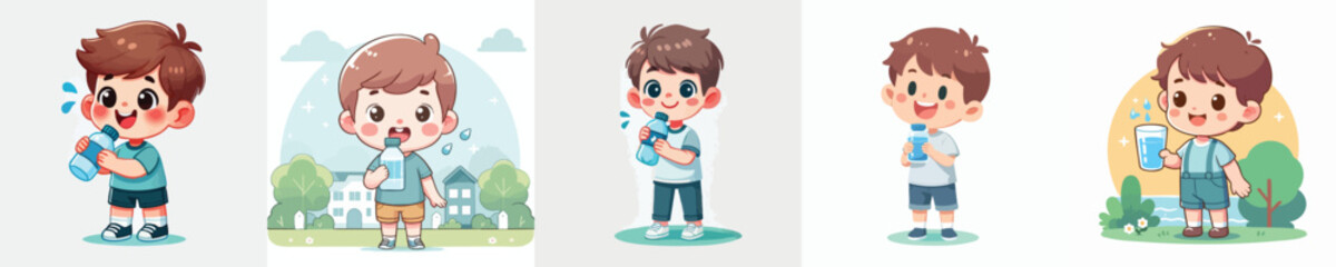 set of vector little boy drinking water