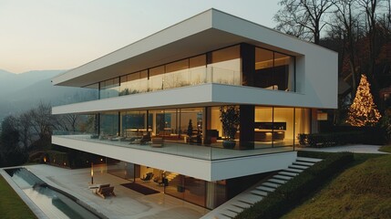 Obraz premium Modern luxury home with infinity pool, hillside setting, glass walls, evening light.