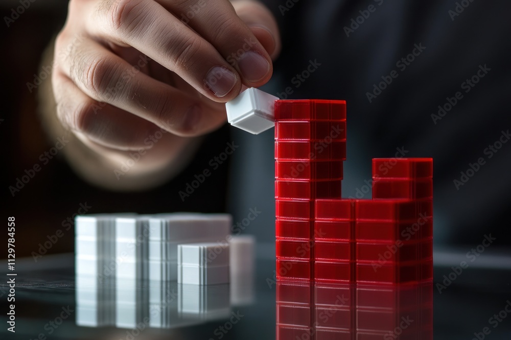 Aufkleber hand placing white block onto red block tower.