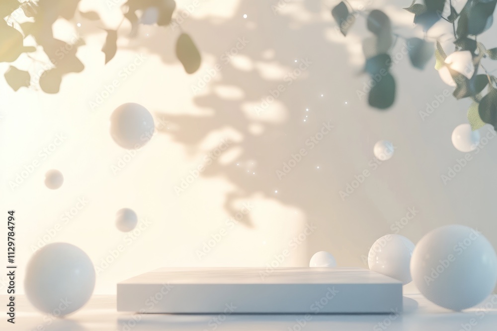 Poster white platform with floating spheres and leaf shadows.