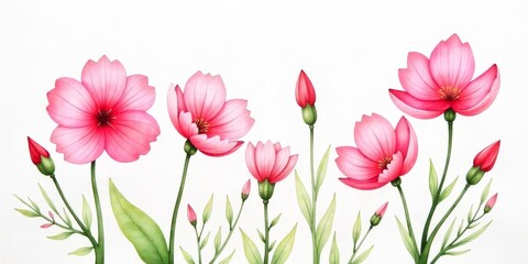 Fototapeta premium Delicate Pink Flowers and Buds in Watercolor Style