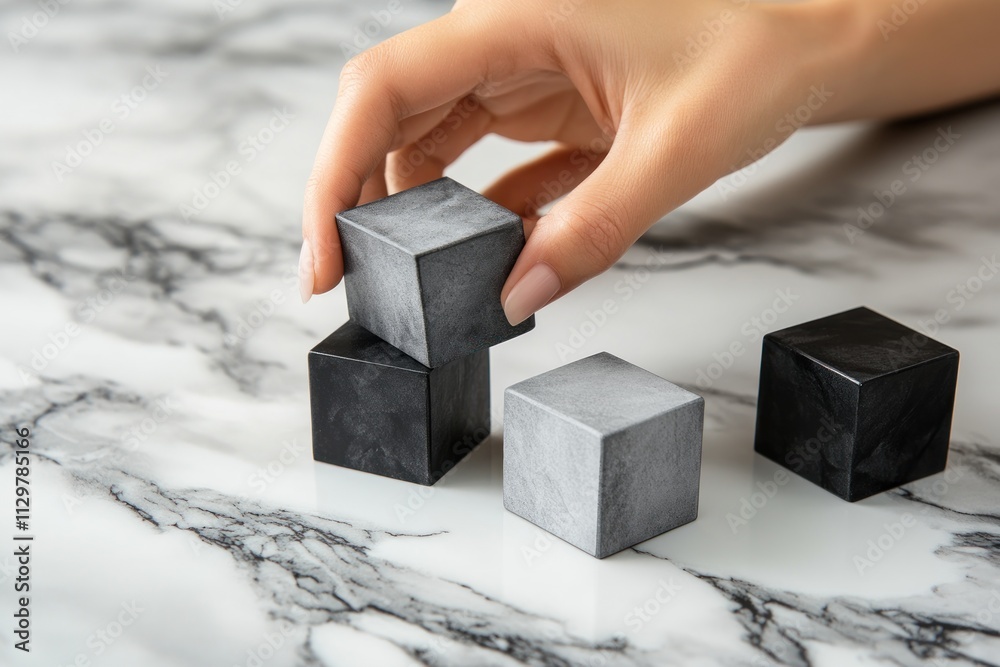 Aufkleber hand placing gray and black cube blocks on marble.
