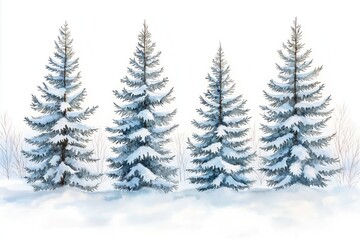 Fototapeta premium Winter scene shows snow-covered spruce trees in forest. Watercolor illustration trees with detailed branches, snowy tops. Peaceful winter landscape with snow-covered ground. Hand drawn style.
