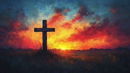Silhouetted Cross at Vibrant Sunset with American Flag Symbolizing Faith and Hope