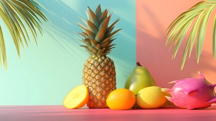 Tropical Fruits Arranged Against Pastel Background